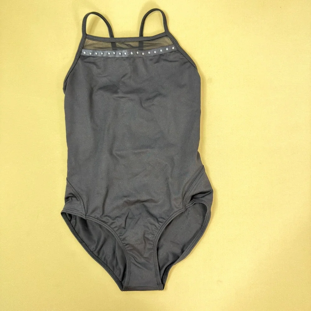 NWOT Bloch Girls Aisling Black Mesh Rhinestone Lattice Back Leotard‎ 8-10 Dance